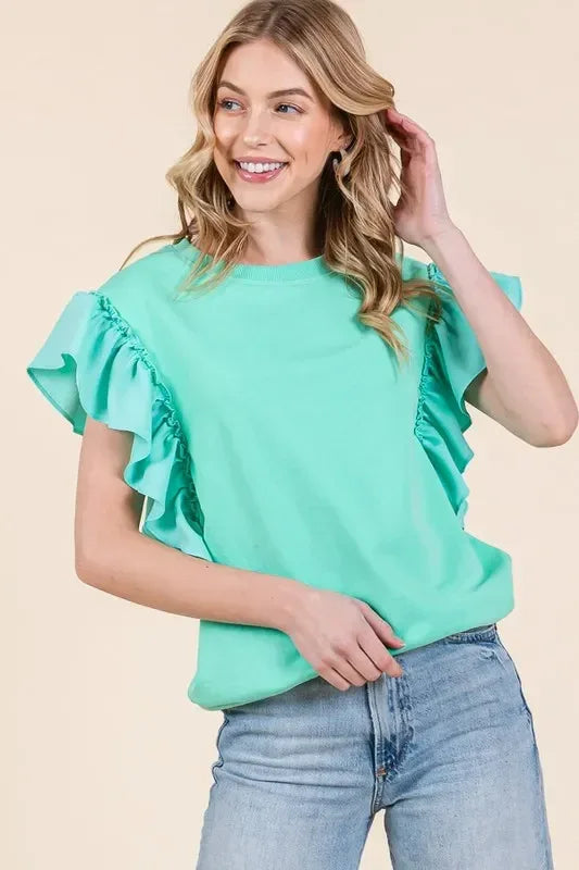 Lime 'N' Chili Solid Shoulder Ruffle Detail Round Neck Top - DAVERRI FASHIONS