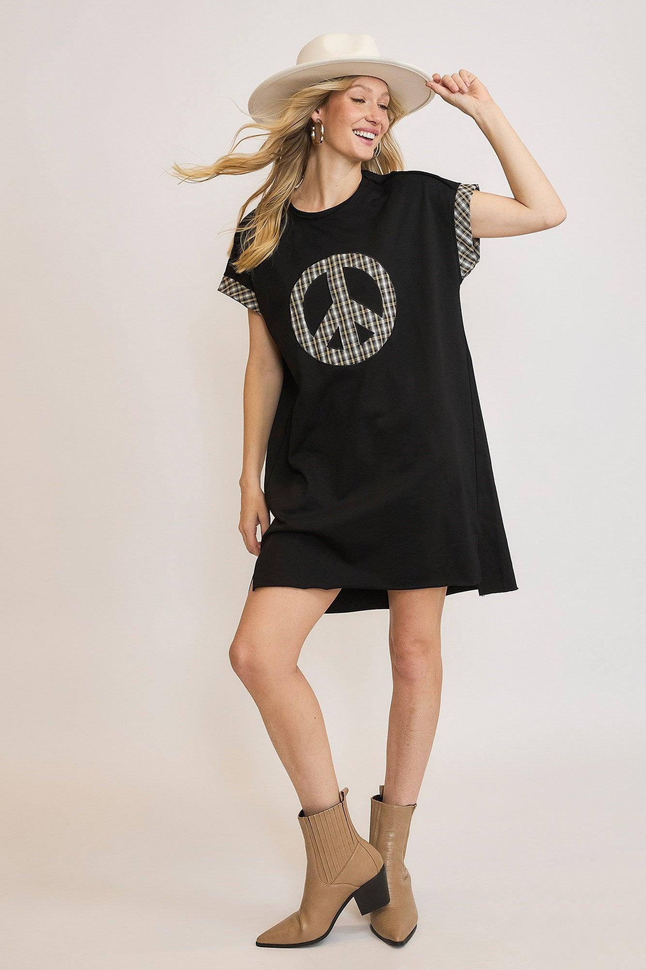 Black Umgee Peace Plaid Applique Short Sleeve Mini Dress | Daverri Fashions