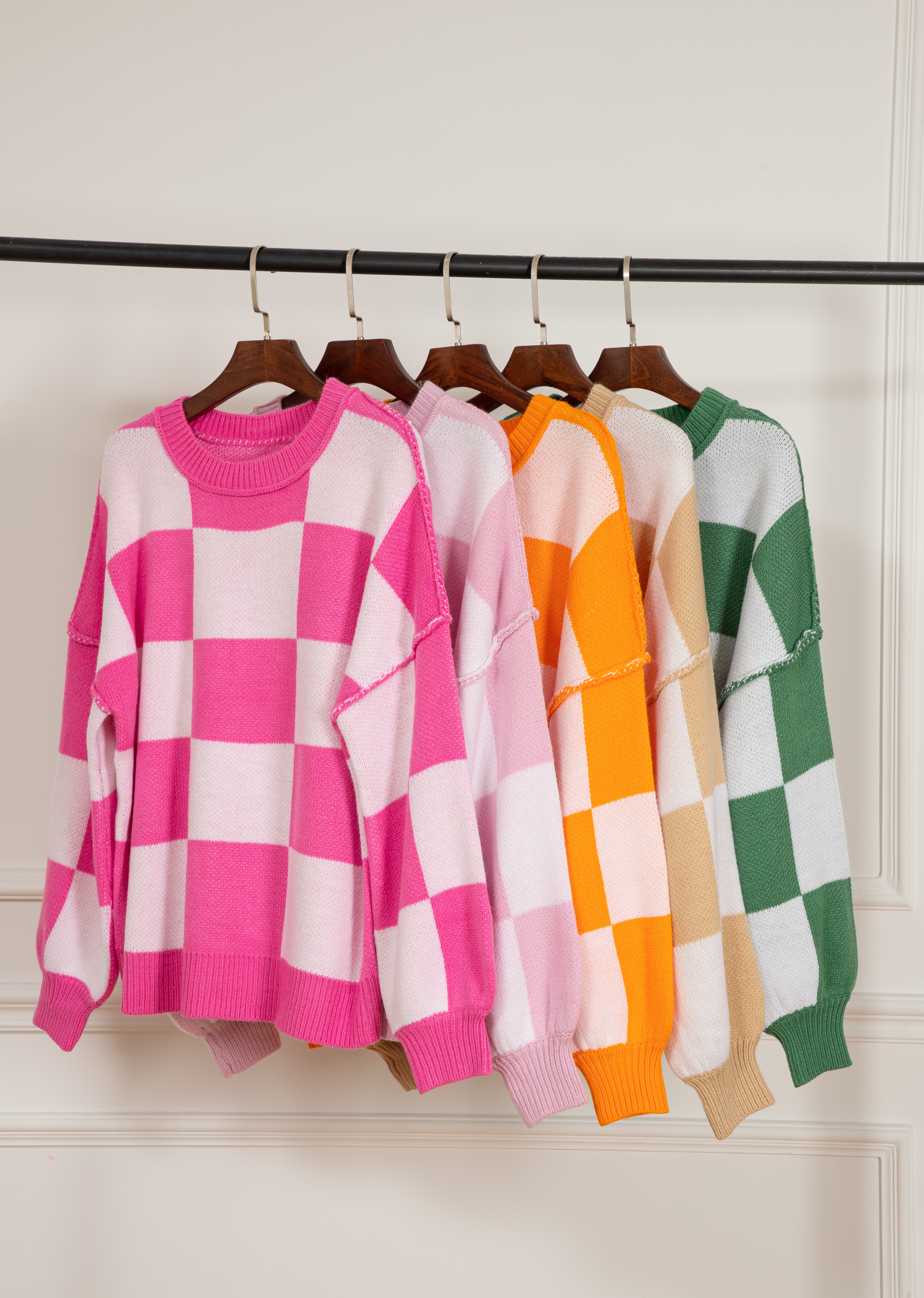 Checkered Bishop Sleeve Sweater | Sweaters Daverri Fashions