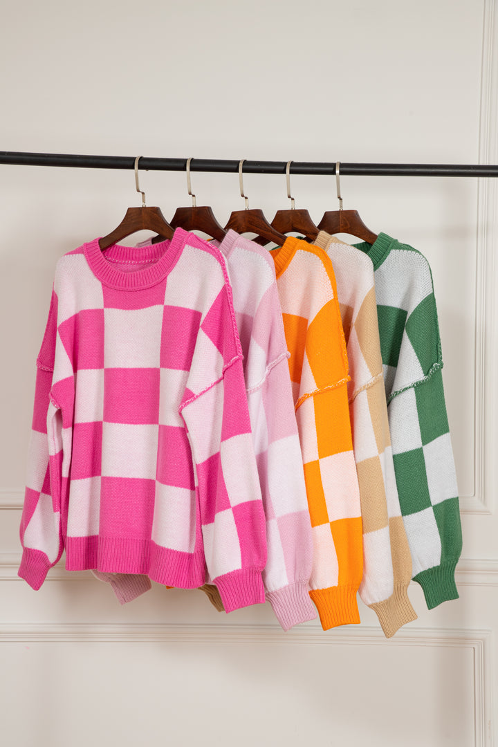 Checkered Bishop Sleeve Sweater | Sweaters Daverri Fashions