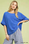 Vibrant cerulean blue Umgee linen frayed hem scallop top with flutter sleeves