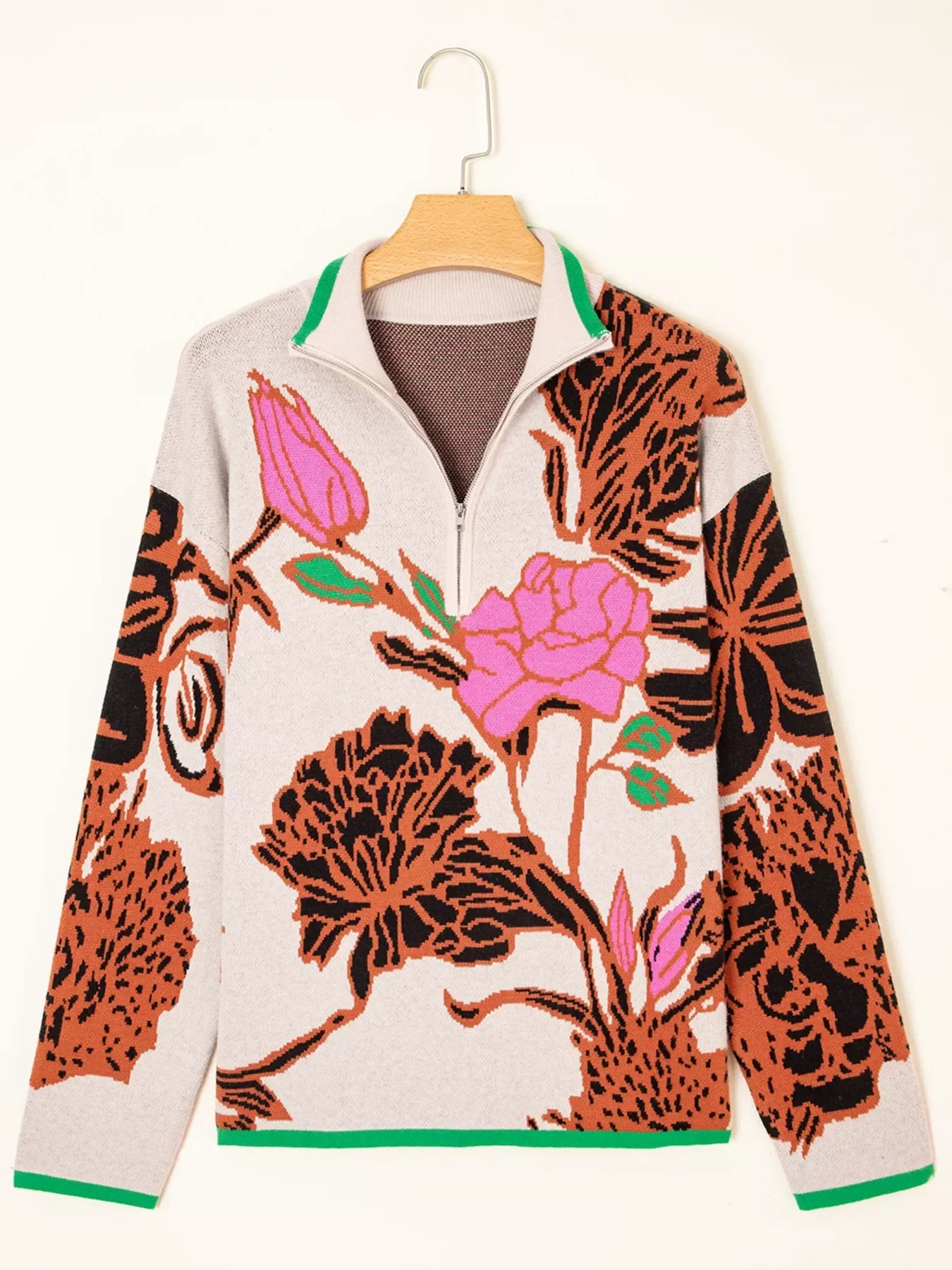 Floral pattern knit quarter zip stand neck sweater in green accents
