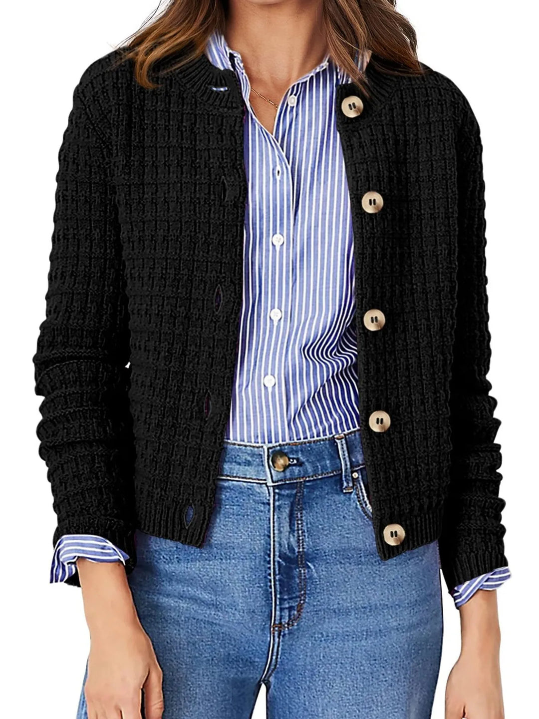 Black Textured Knit Button-Front Cardigan | Cardigans Daverri Fashions
