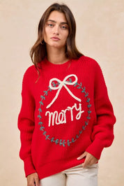 BiBi Christmas Wreath Merry Letter Knit Top | Knit Tops Daverri Fashions