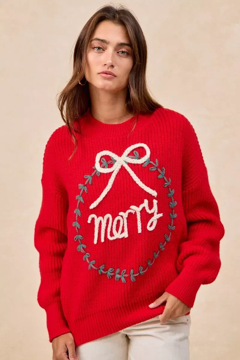 BiBi Christmas Wreath Merry Letter Knit Top - DAVERRI FASHIONS