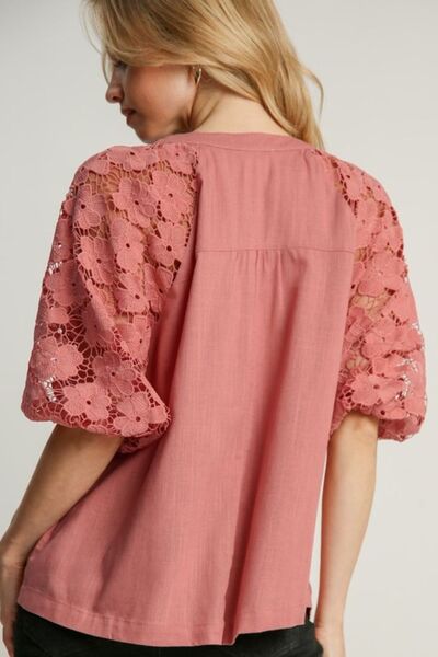 Umgee Full Size Lace Puff Sleeve Top Plus Size Tops