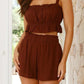 Daverri brown ruched crop top and high-waisted shorts set