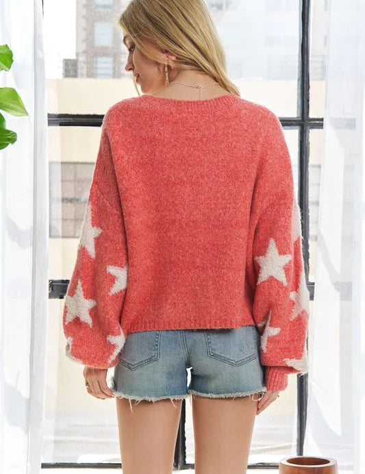 ADORA Plus Size Star Contrast Round Neck Sweater | Sweaters Daverri Fashions