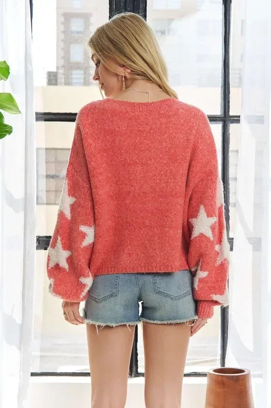 ADORA Plus Size Star Contrast Round Neck Sweater - DAVERRI FASHIONS