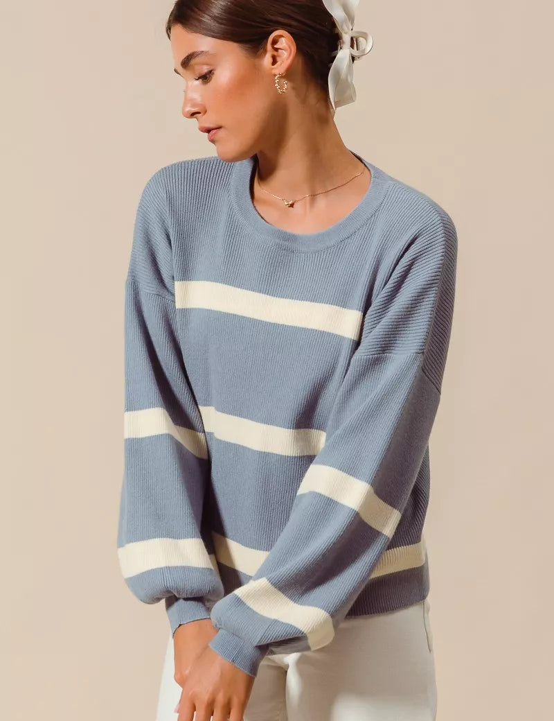 SO ME Ribbed Striped Round Neck Sweater with Balloon Sleeves