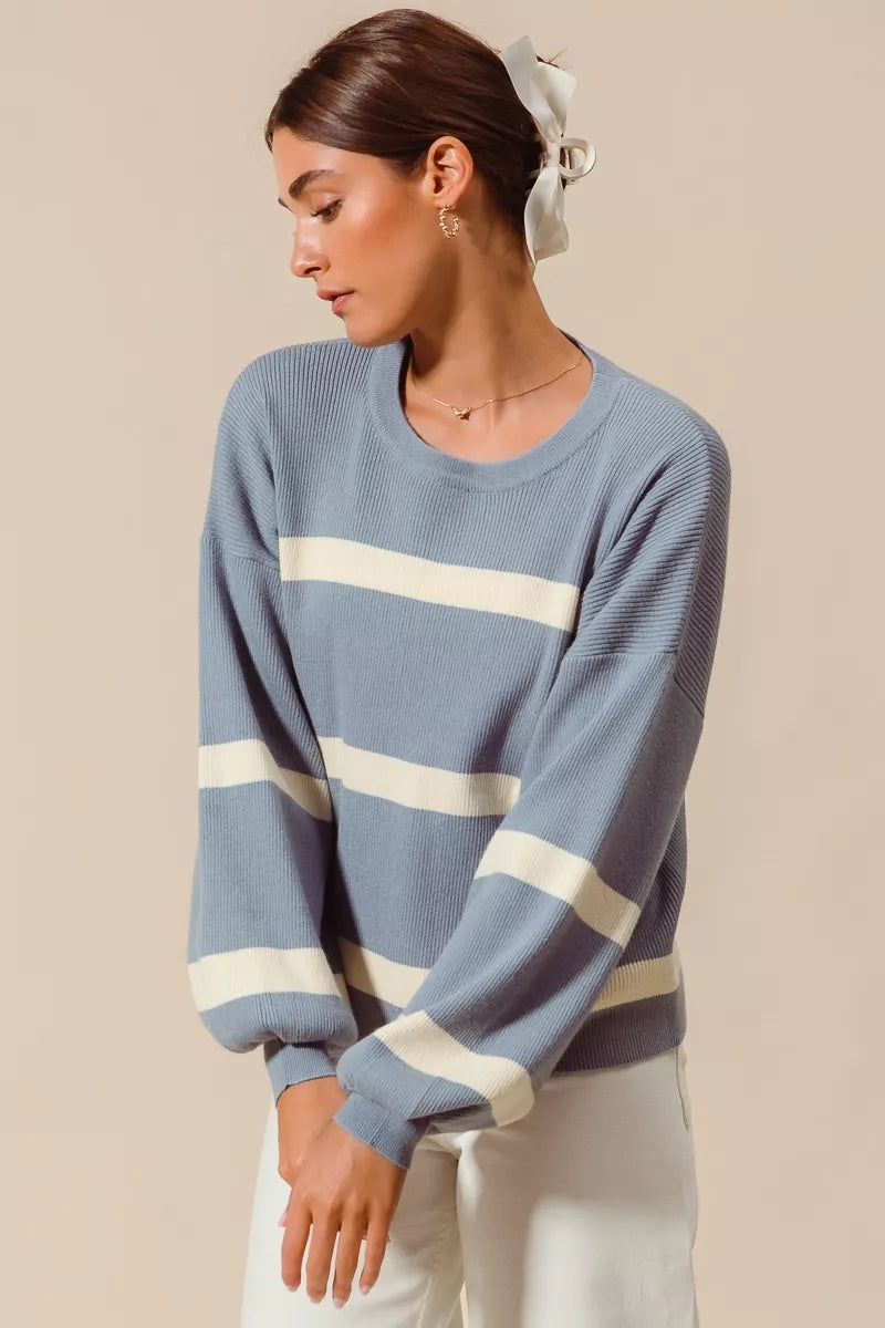 SO ME Ribbed Striped Round Neck Sweater with Balloon Sleeves