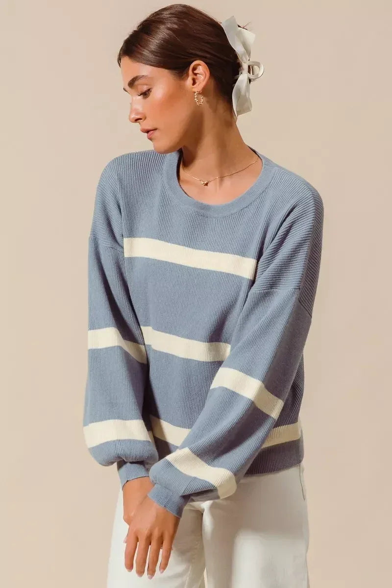 SO ME Ribbed Striped Round Neck Sweater - DAVERRI FASHIONS