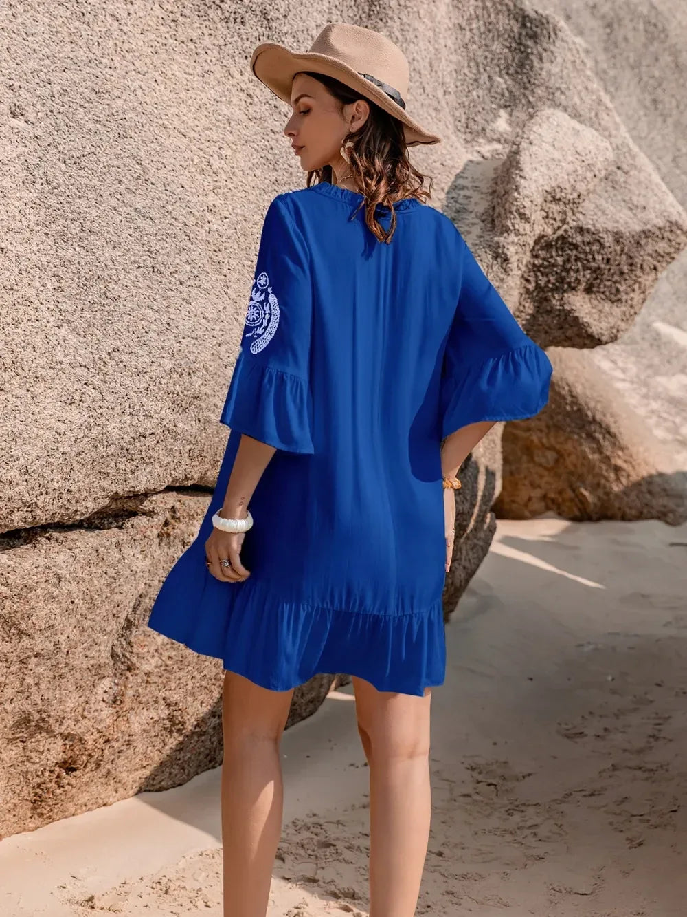 Printed Tie Neck Flounce Sleeve Mini Dress - DAVERRI FASHIONS