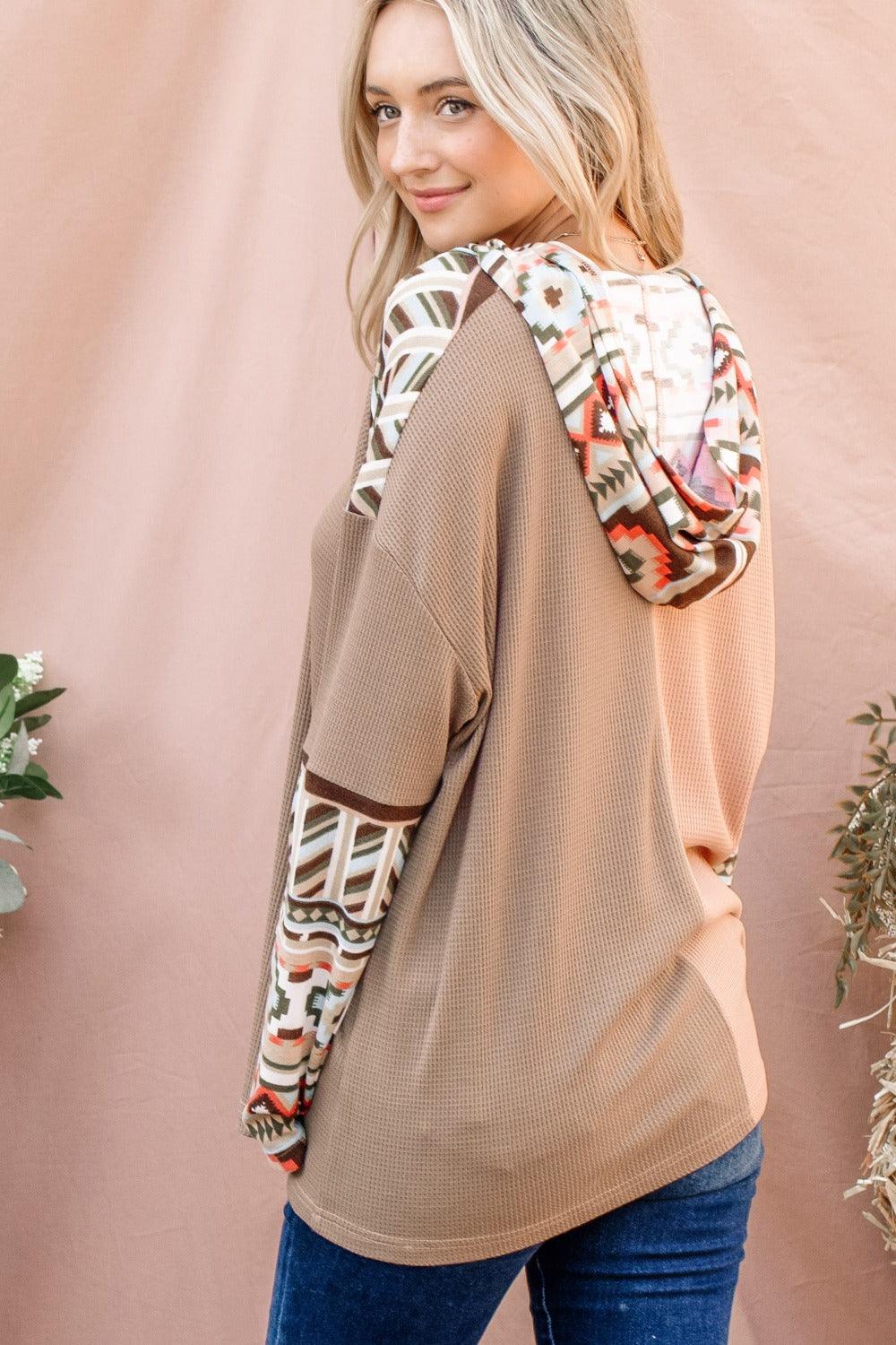 And The Why Printed Color Block Hooded Waffle Top | Tops Daverri Fashions