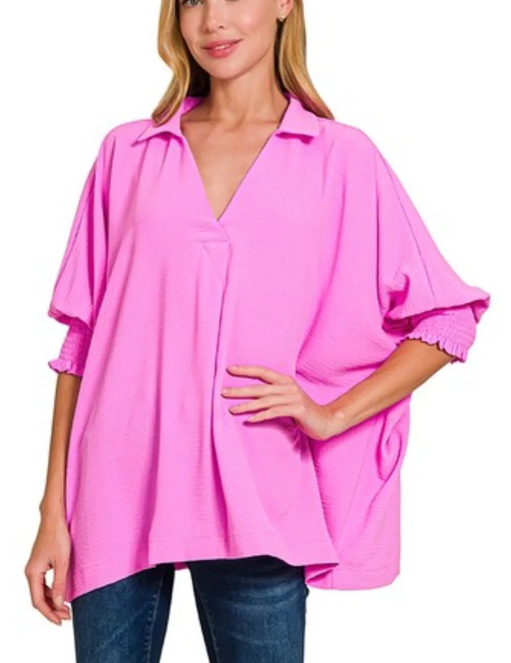 BRIGHT MAUVE Zenana Airflow Collar Tee with Smocked Sleeve Band Top | Tops Daverri Fashions