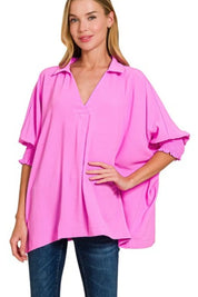 BRIGHT MAUVE Zenana Airflow Collar Tee with Smocked Sleeve Band Top | Tops Daverri Fashions