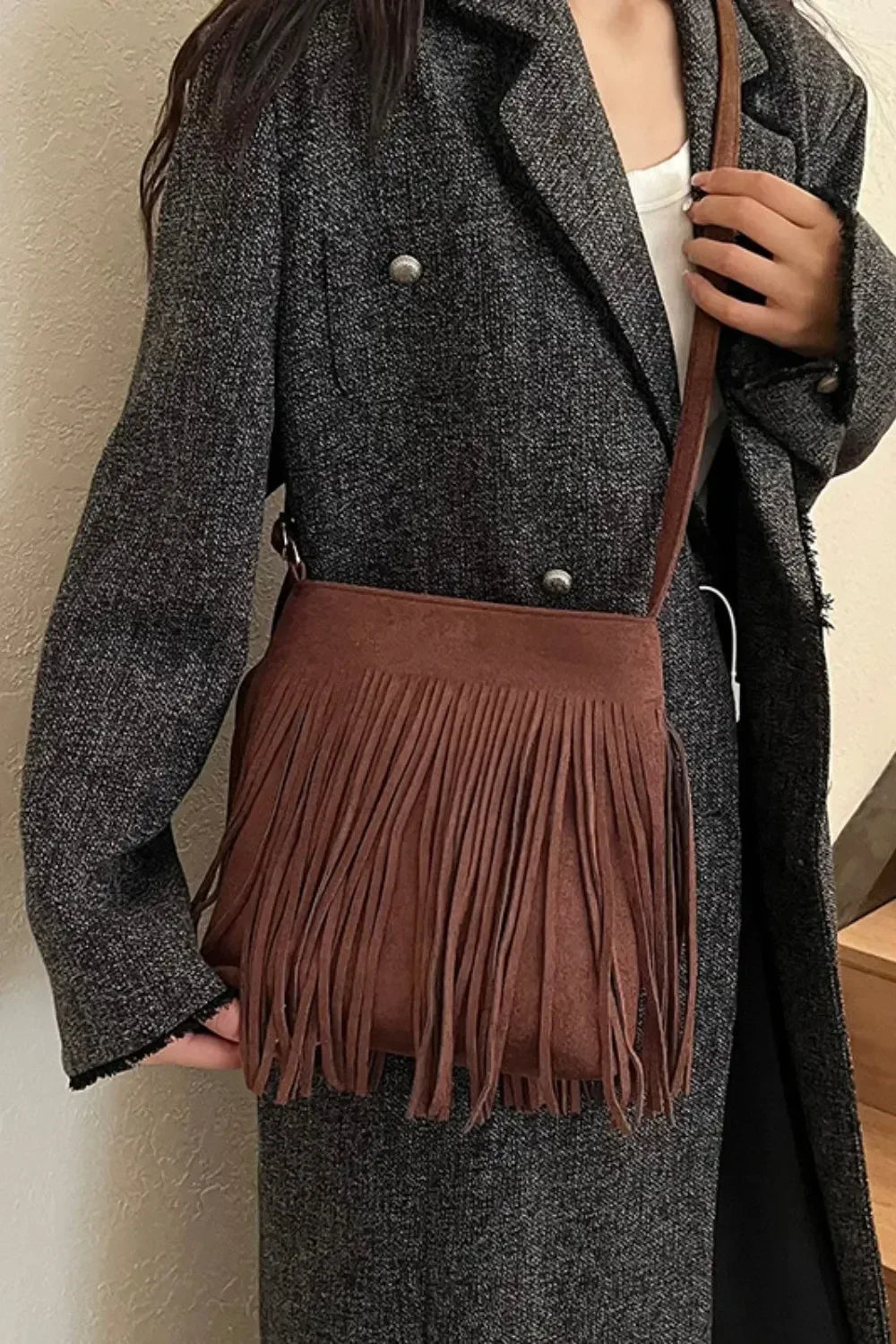 Suede Fringe Shoulder Bag - DAVERRI FASHIONS