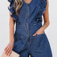 Denim Ruffled Zipped Front Belted Romper - DAVERRI FASHIONS