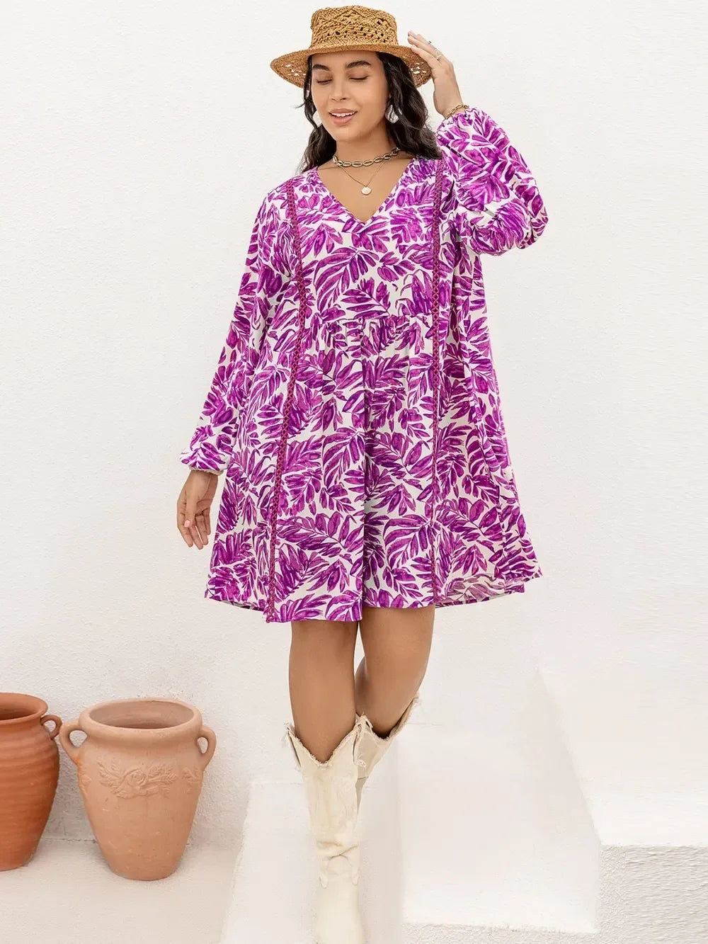 Plus Size Printed V-Neck Balloon Sleeve Mini Dress - DAVERRI FASHIONS