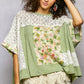POL Sage Floral Patchwork Lace Accent Blouse in sage green and cream