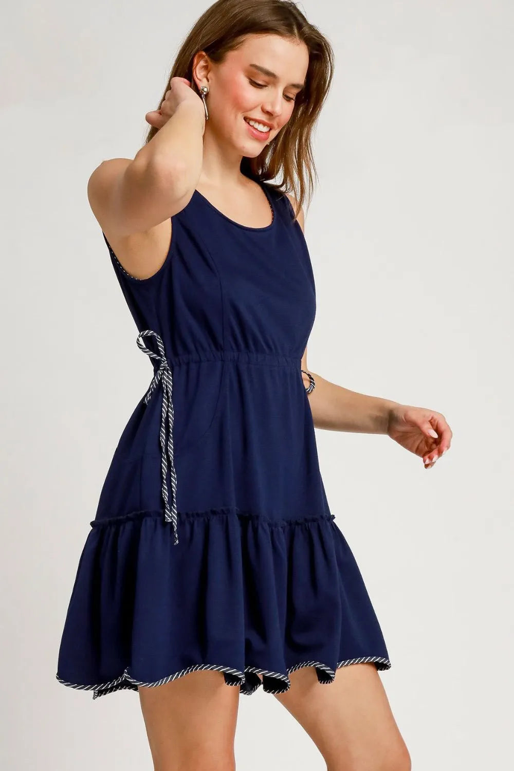 Umgee Frill Drawstring Waist Round Neck Mini Tank Dress Mini Dresses