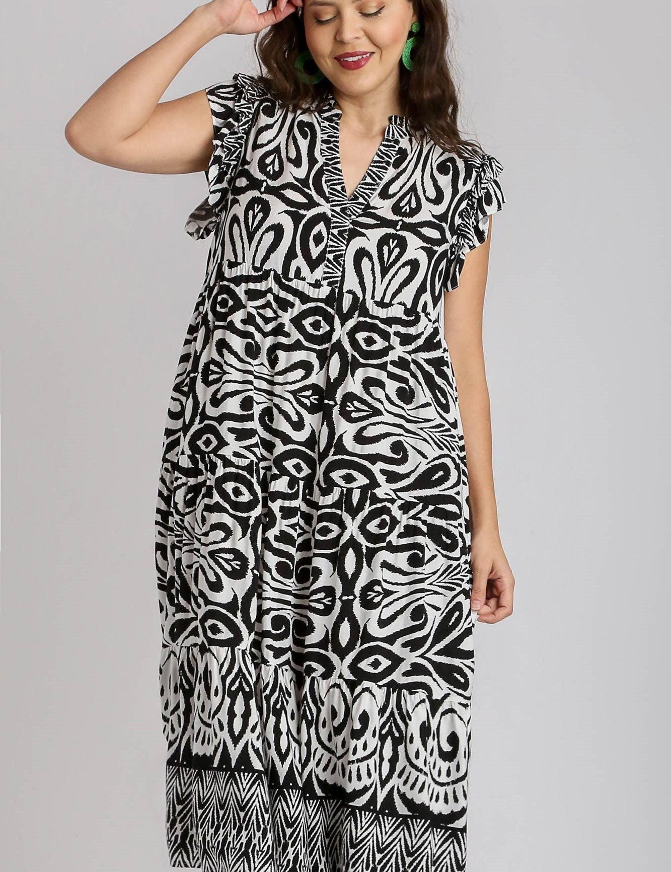 Umgee Two Tone Border Print Ruffle Cap Sleeve Midi Dress | Mid Dresses Daverri Fashions