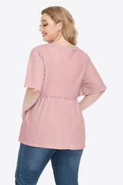 Dusty rose plus-size buttoned V-neck frill trim babydoll blouse with empire waist