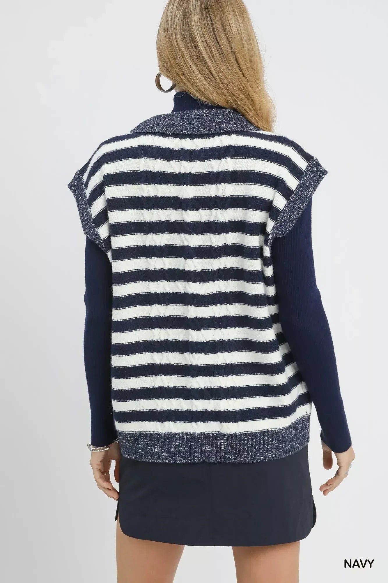 Umgee Cable Knit Collared Striped Vest Sweater - DAVERRI FASHIONS
