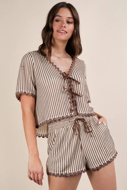 VERY J Wave Trim Detail Knit Top & Shorts Set Outfit Sets