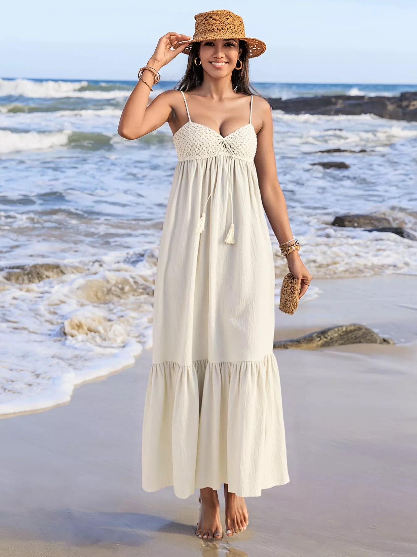 Beige Daverri sweetheart neck spaghetti strap maxi dress with crochet trim