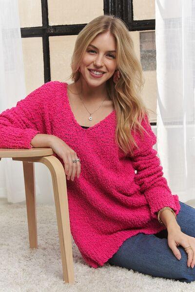 ADORA High-Low Side Slit V-Neck Sweater Sweaters