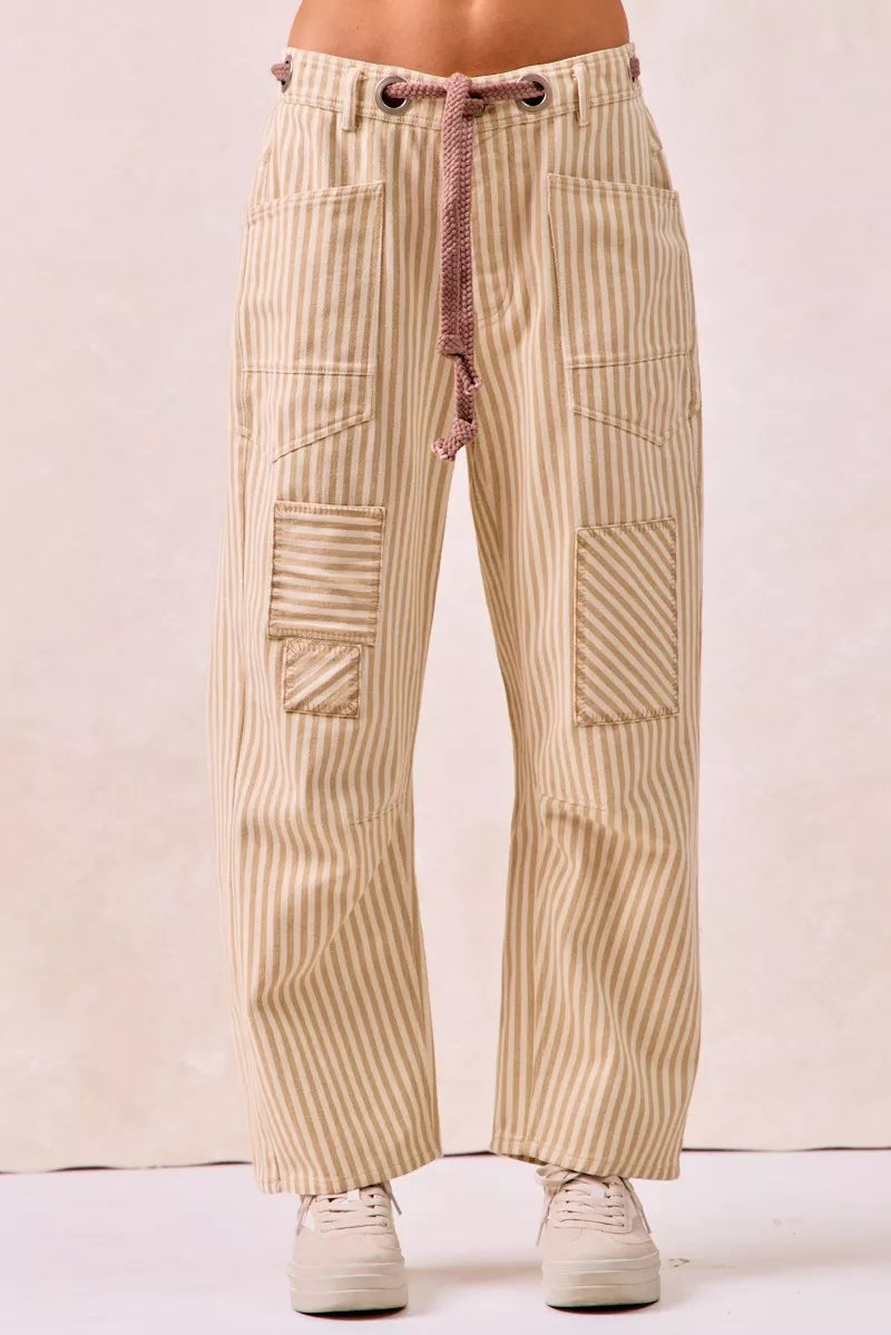 BiBi Drawstring Striped Twill Barrel Pants Oatmeal back view