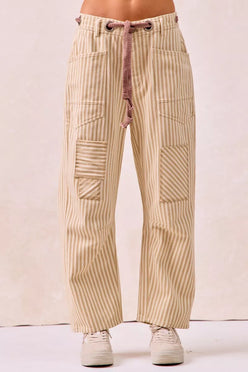 BiBi Drawstring Striped Twill Barrel Pants Oatmeal back view