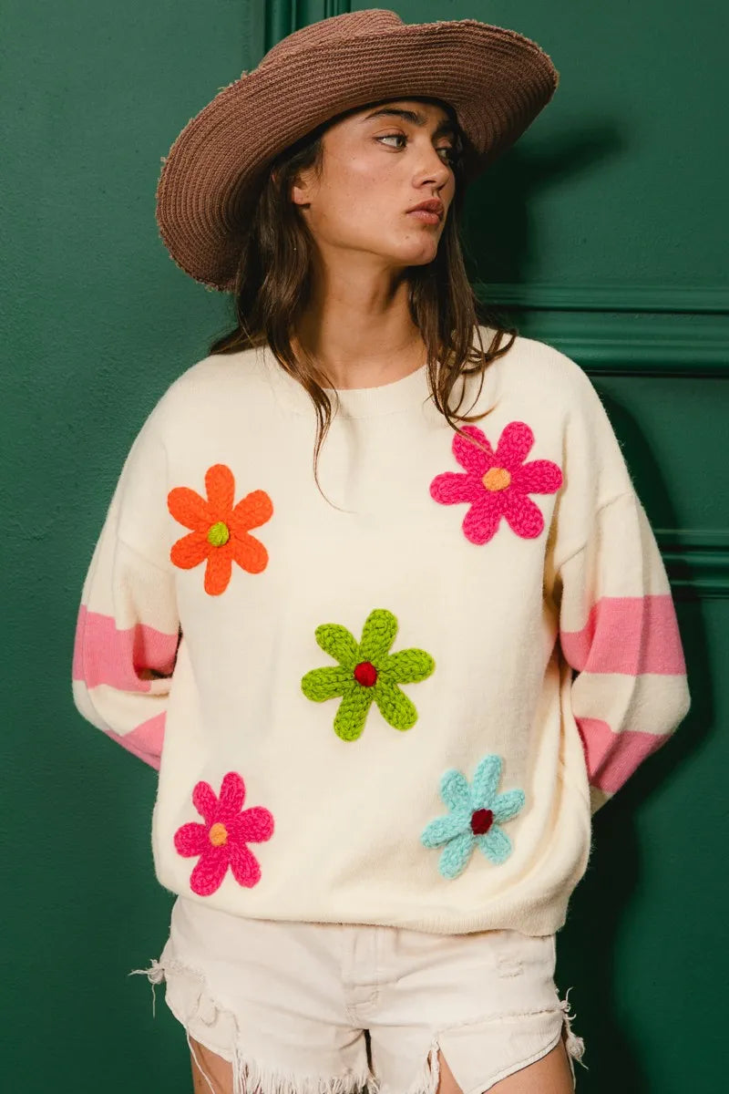BiBi Colorful Floral Patched Sweater with Striped Sleeve | Sweaters Daverri Fashions