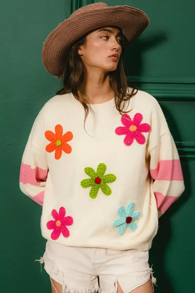BiBi Colorful Floral Patched Sweater with Striped Sleeve - DAVERRI FASHIONS