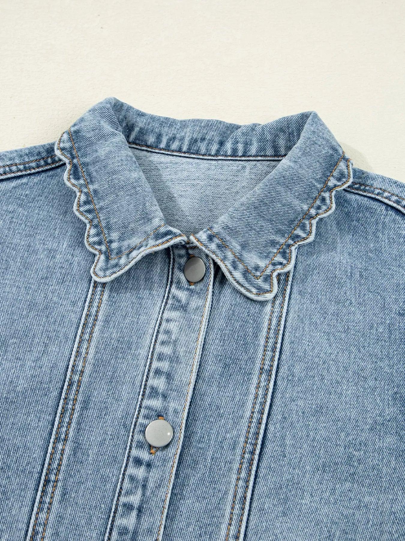Scallop Trim Collar Patched Pocket Button Up Denim Jacket - DAVERRI FASHIONS