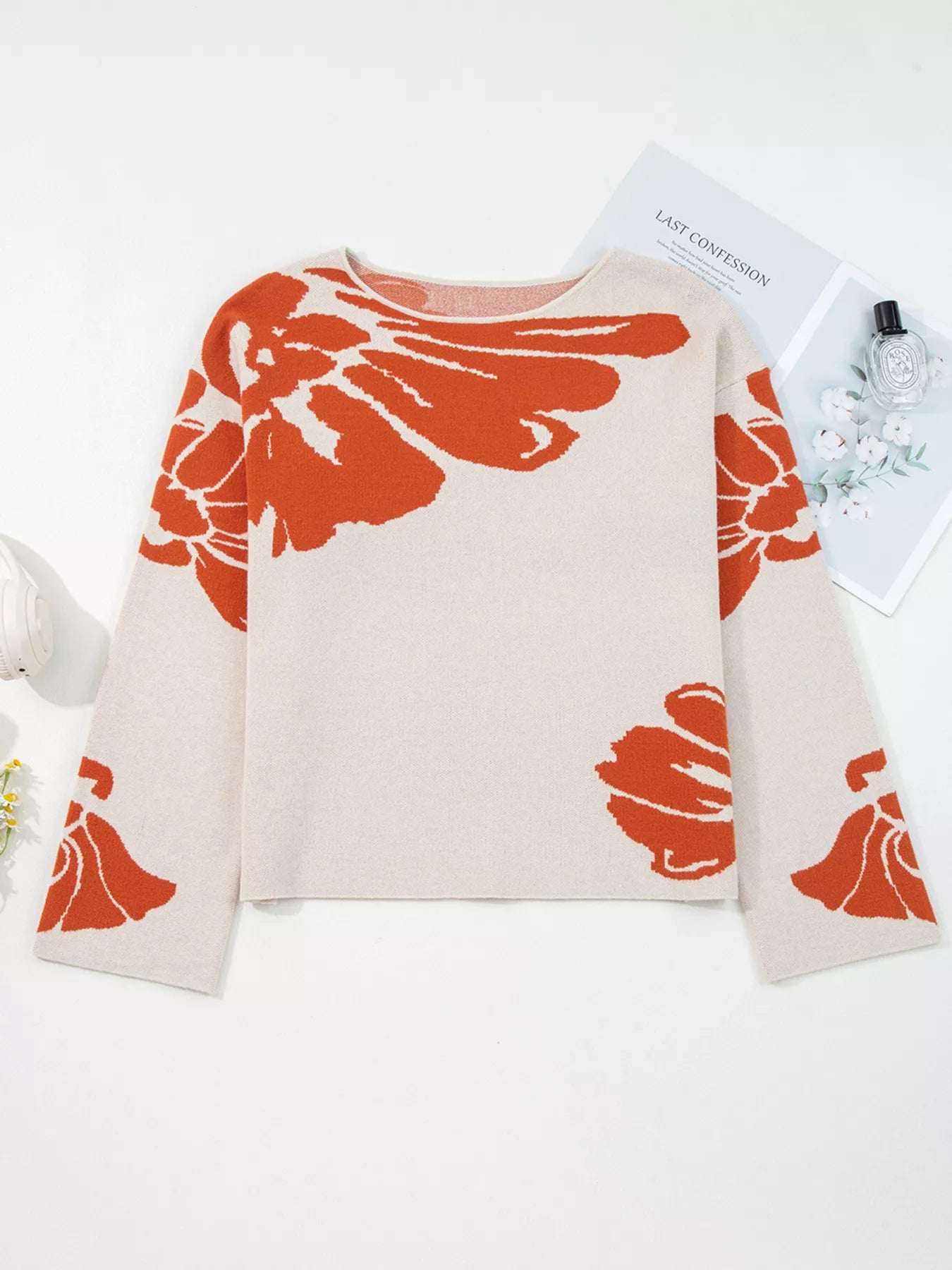 Boho flower pattern oversized knit sweater in cream with orange florals