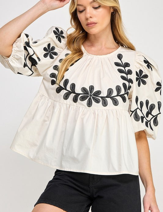 SAGE+FIG Puff-Sleeve Embroidered Peplum Blouse Cream