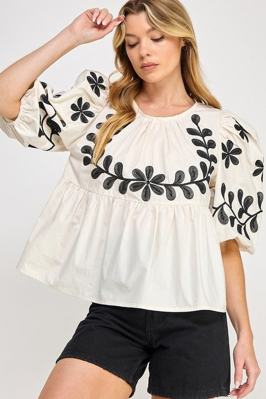 SAGE+FIG Puff-Sleeve Embroidered Peplum Blouse Cream