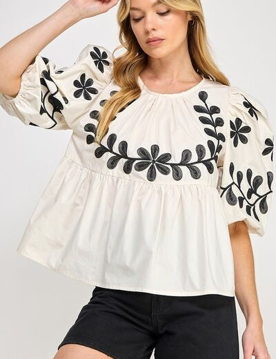 SAGE+FIG Puff-Sleeve Embroidered Peplum Blouse Cream Blouses