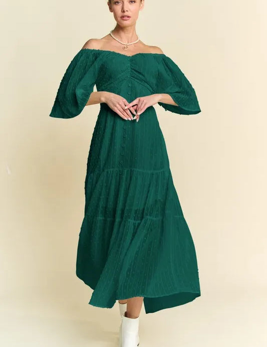 Forest Green Davi & Dani Swiss Dotted Ruched Ruffle Open Back Midi Dress | Midi Dresses Daverri Fashions