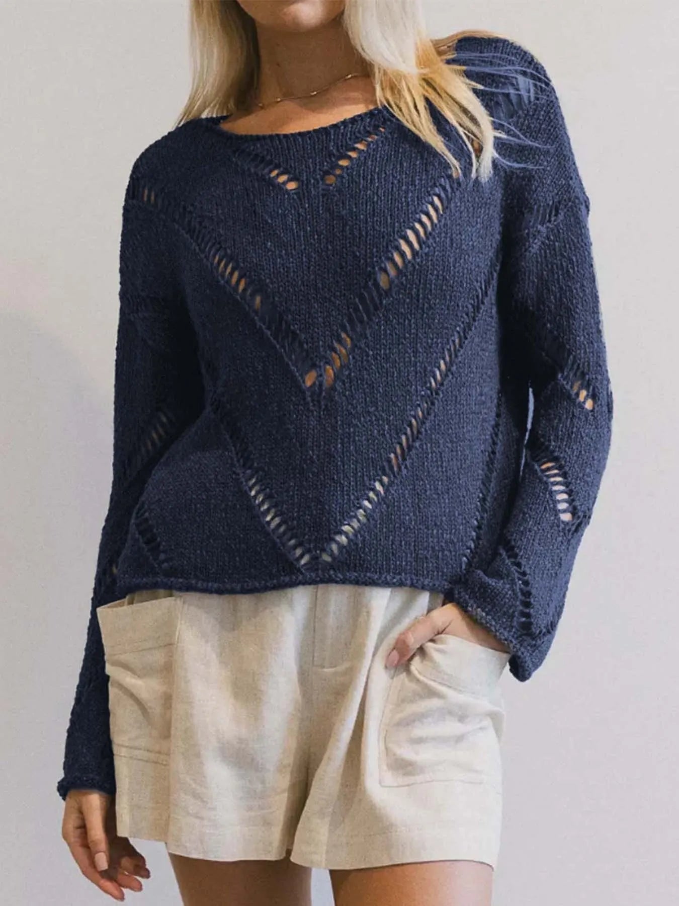 Openwork Boat Neck Long Sleeve Sweater | Sweaters Daverri Fashions
