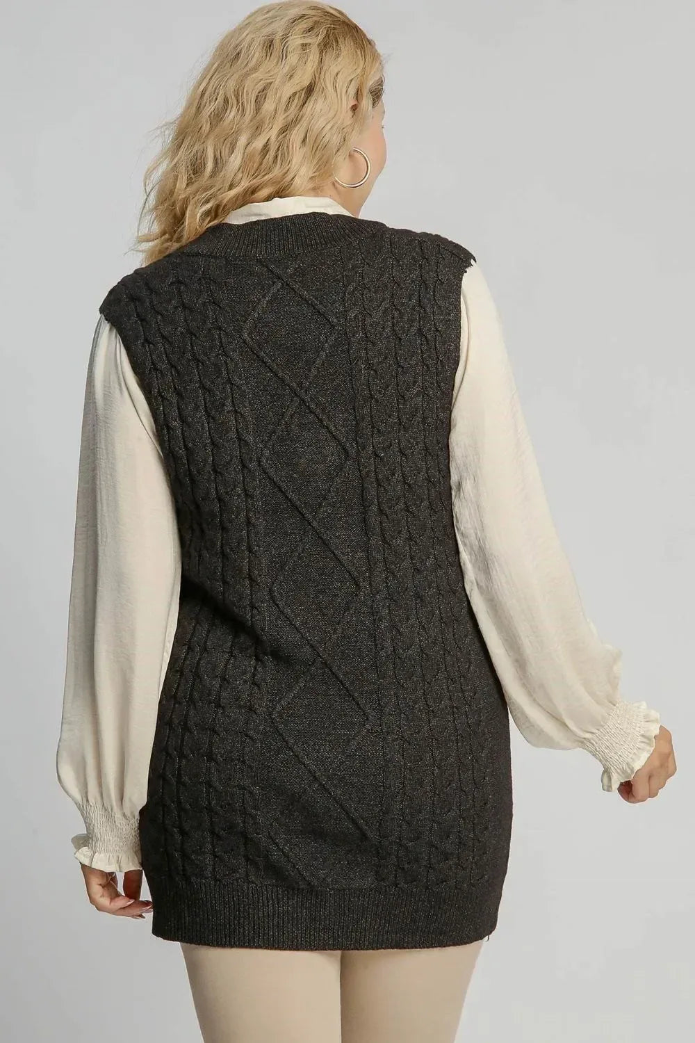 Umgee Full Size Cable V-Neck Vest Sweater Plus Size - DAVERRI FASHIONS