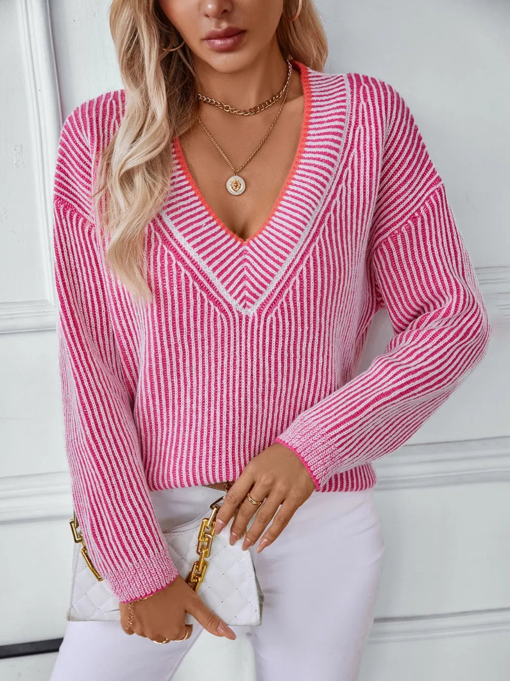 Striped V-Neck Long Sleeve Sweater | Sweaters Daverri Fashions