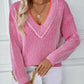 Striped V-Neck Long Sleeve Sweater - DAVERRI FASHIONS