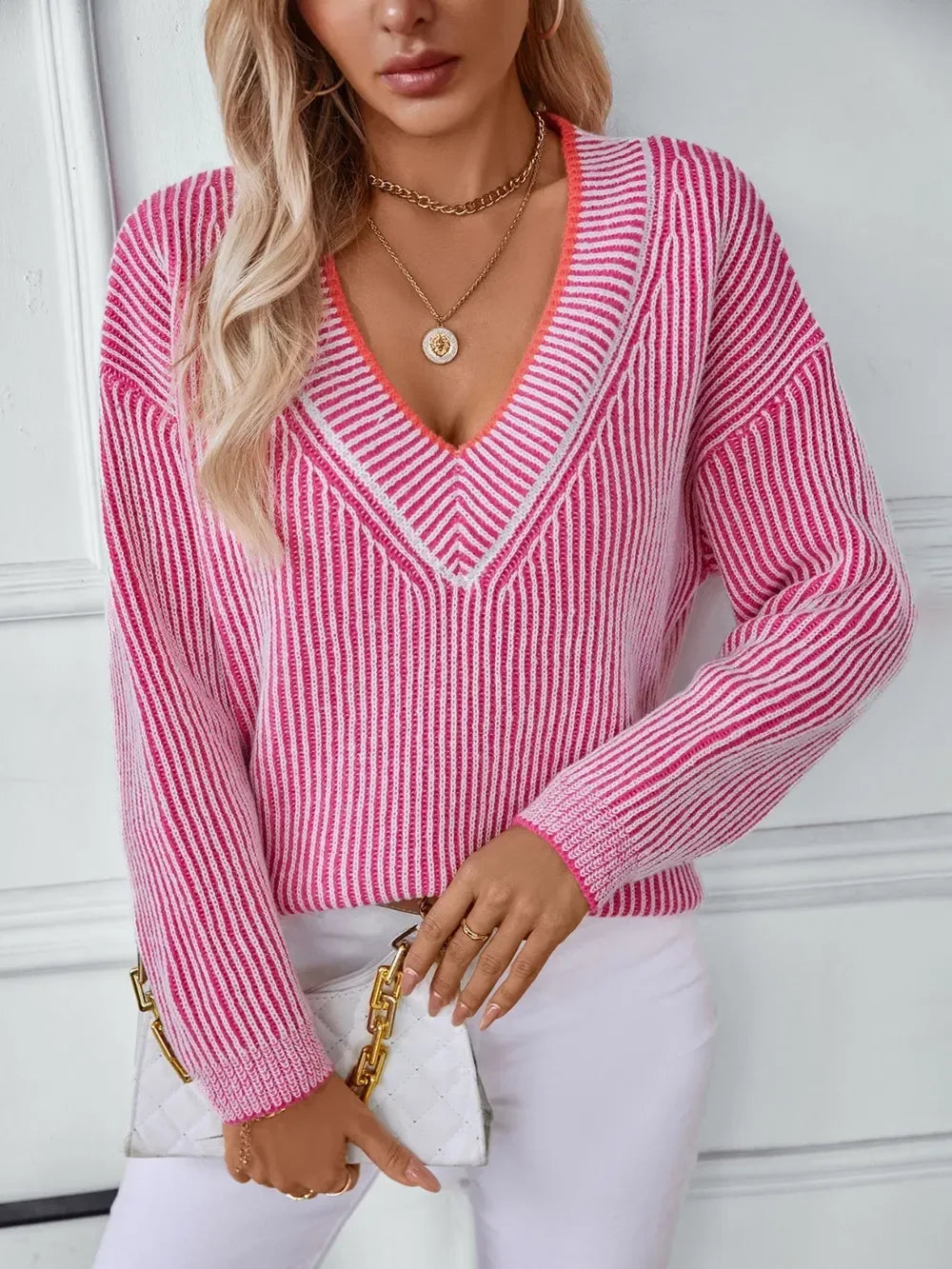 Striped V-Neck Long Sleeve Sweater - DAVERRI FASHIONS