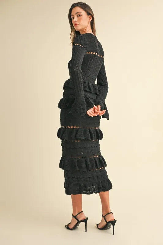 MABLE Long Sleeve Tiered Ruffle Knit Midi Dress