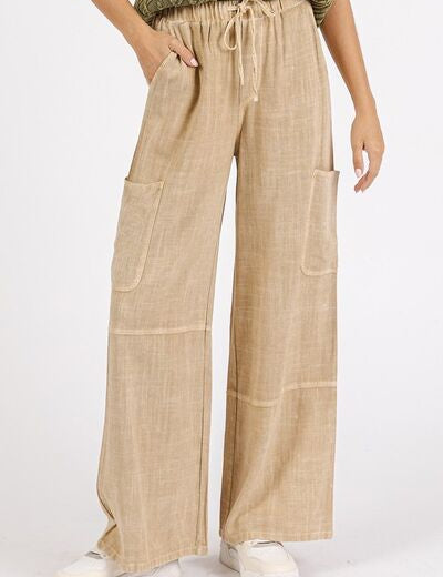 Mittoshop Mineral Wash Drawstring Elastic Waist Pants Sand