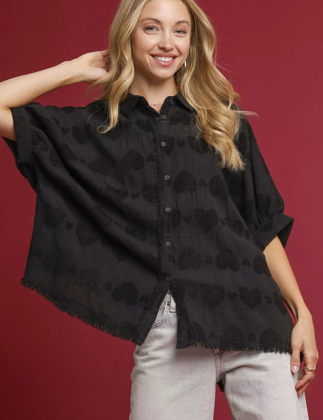 Black Umgee Jacquard Heart Collared Shirt | Daverri Fashions