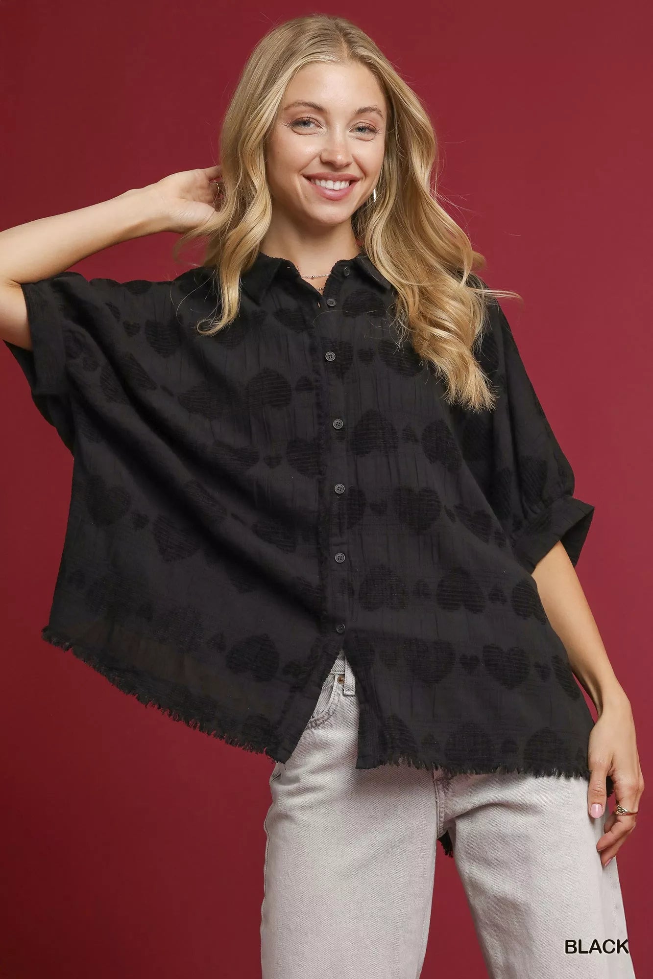 Black Umgee Jacquard Heart Collared Shirt | Daverri Fashions
